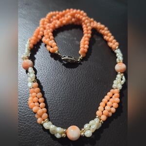 Handcrafted Coral and Pearl Beaded Necklace - Pink Coral